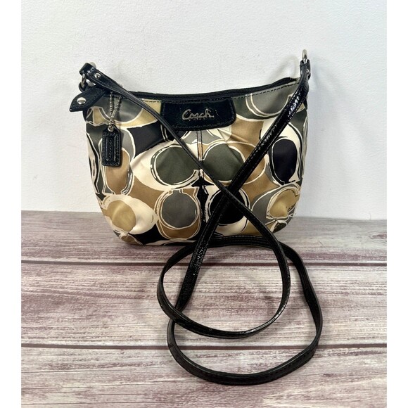 COACH Purse crossbody bag Black Gray and tan C Pattern Small Purse Hang Tag - Picture 1 of 15